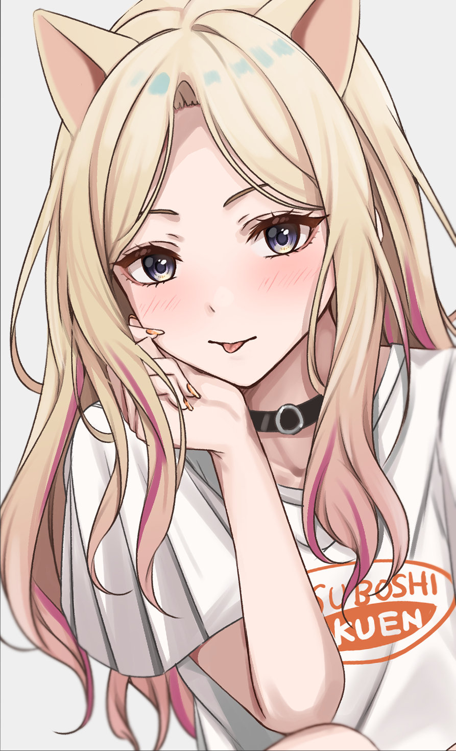 1girl animal_ears black_choker blonde_hair blush cat_ears choker closed_mouth collarbone fake_animal_ears gakuen_idolmaster gradient_hair hand_on_own_face headset highres idolmaster juo_sena long_hair looking_at_viewer multicolored_hair nail_polish orange_nails pink_hair shirt short_sleeves simple_background smile solo tongue tongue_out two-tone_hair white_background white_shirt yuzuyu_(hyui)