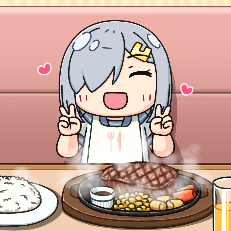1girl bib chibi closed_eyes cup double_v drinking_glass food grey_hair grey_sailor_collar hair_ornament hair_over_one_eye hairclip hama!_(3toshinhmkz) hamakaze_(kancolle) hot_plate kantai_collection open_mouth rice sailor_collar school_uniform serafuku short_hair smile solo steak v