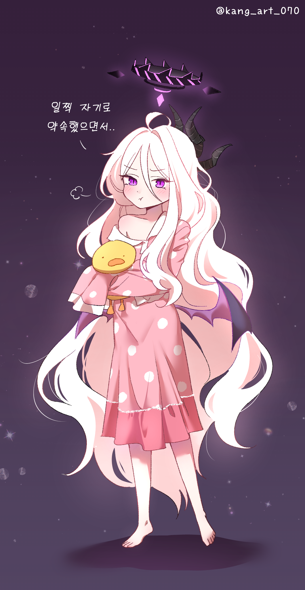 ahoge barefoot black_halo blue_archive blush breasts demon_girl demon_horns demon_wings full_body halo highres hina_(blue_archive) hina_(pajamas)_(blue_archive) holding horns jacket long_hair looking_at_viewer mata_ashita pajamas pink_pajamas polka_dot polka_dot_pajamas pout purple_eyes small_breasts standing twitter_username white_hair wings yellow_jacket