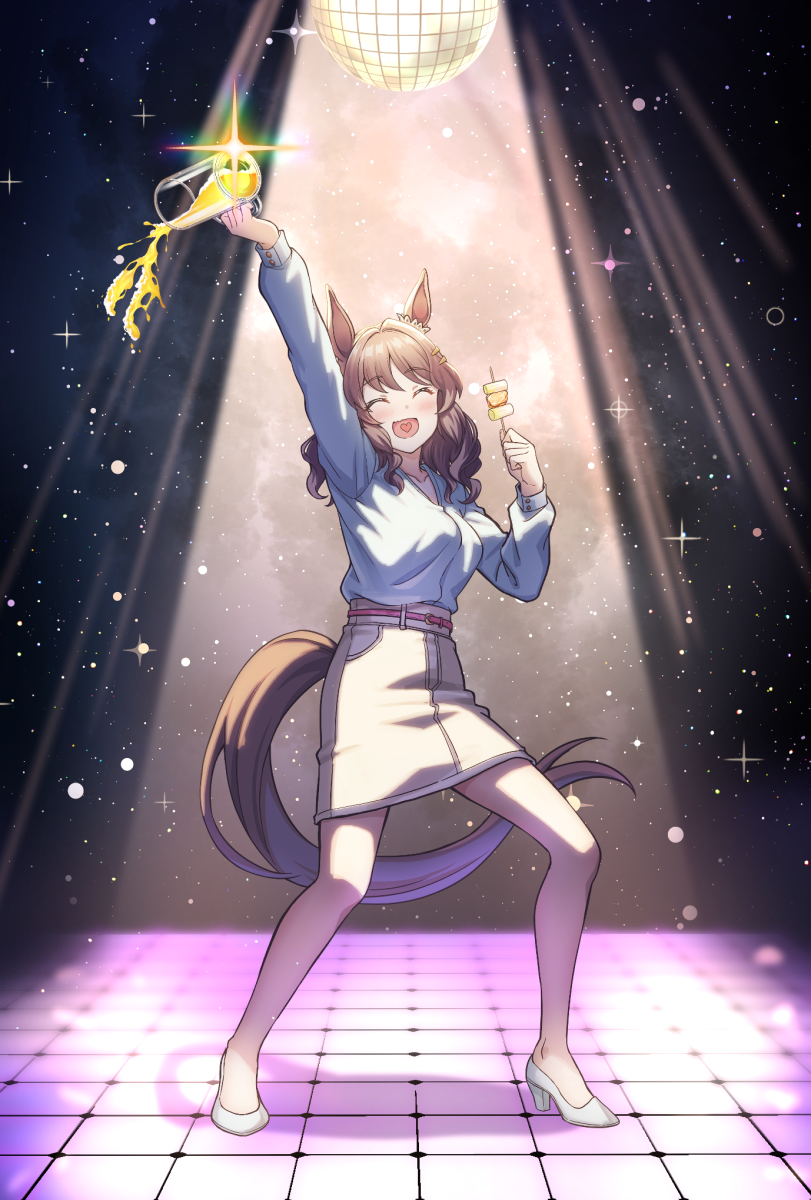 1girl ^_^ alcohol animal_ears arm_up beer beer_mug belt beniimo_danshaku blue_shirt blush breasts brown_hair brown_skirt closed_eyes cup dance_floor diffraction_spikes disco_ball ear_ornament food hair_ornament hairclip heart heart_in_mouth high_heels highres holding holding_food horse_ears horse_girl horse_tail light_hello_(umamusume) long_sleeves medium_hair mug open_mouth pencil_skirt shirt shirt_tucked_in skewer skirt small_breasts smile solo sparkle spotlight standing tail umamusume white_footwear