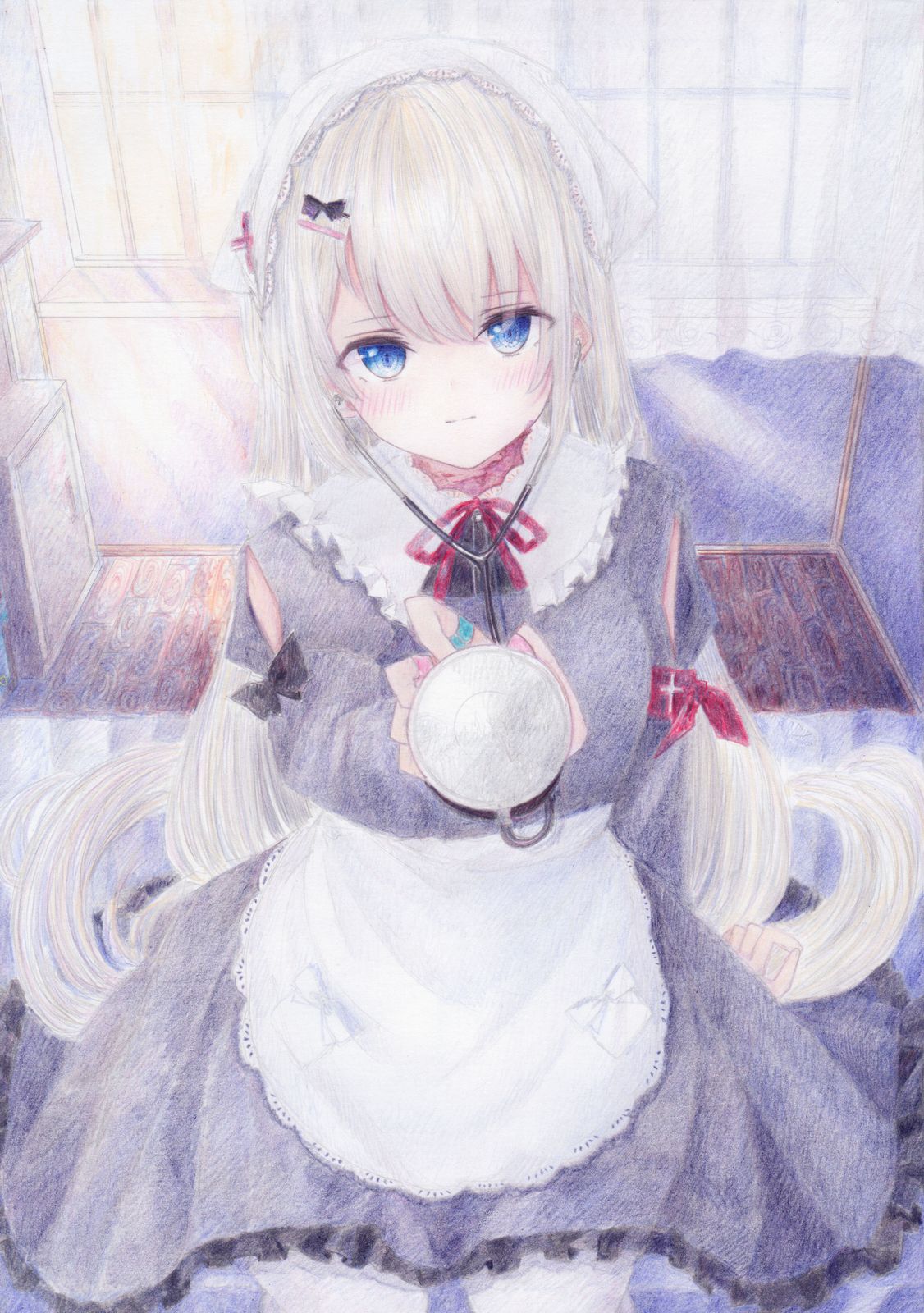 1girl apron bandaid blue_eyes blush bobby_pin closed_mouth colored_pencil_(medium) darkkanan dress eyes_visible_through_hair frilled_dress frills grey_dress hair_between_eyes hat highres indoors long_hair looking_at_viewer nurse nurse_cap original painting_(medium) scar scar_on_neck solo standing stethoscope traditional_media watercolor_(medium) white_legwear