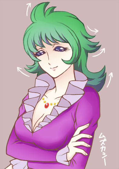 1girl ahoge breasts closed_mouth cyborg cyborg_009 dress green_hair hand_on_own_arm jewelry looking_at_viewer madame_(cyborg_009) medium_hair necklace norakura-promenade purple_dress purple_eyes simple_background smile solo upper_body