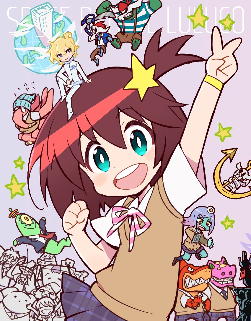 10s alien alpha_omega_nova anchor blue_eyes brown_hair extra hair_ornament luluco midori_(uchuu_patrol_luluco) official_art one_side_up over_justice pirate planet school_uniform short_hair side_ponytail smile star_(symbol) star_hair_ornament uchuu_patrol_luluco v wooser_(character)