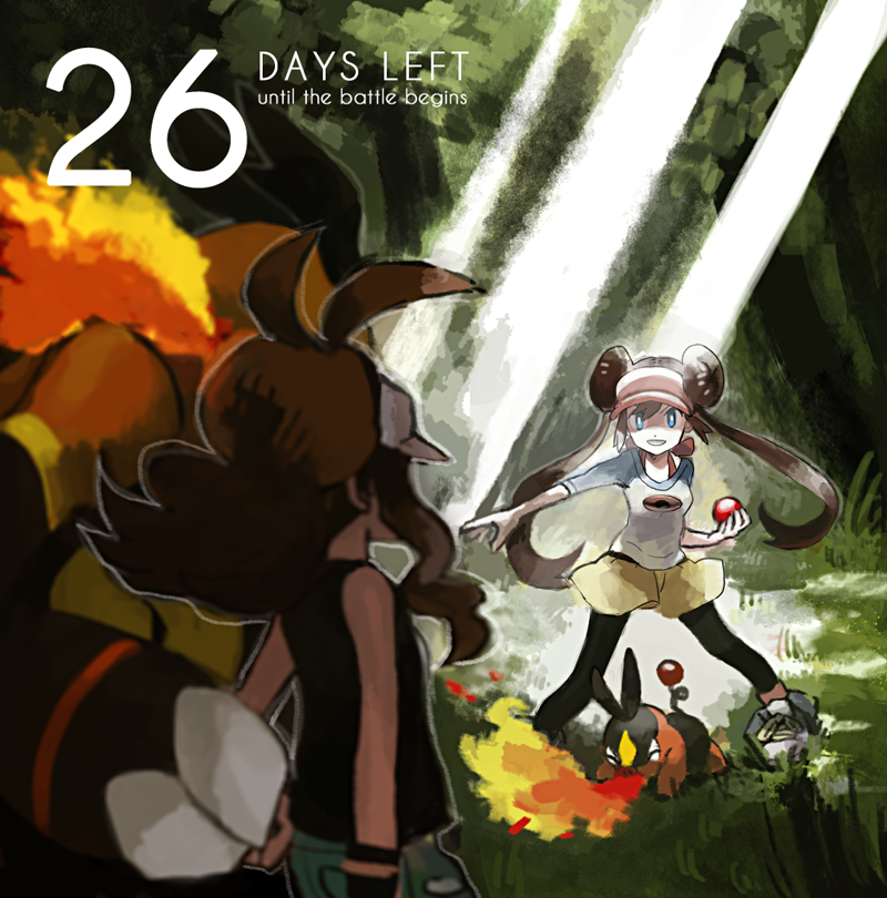 10s blue_eyes brown_hair double_bun emboar gen_5_pokemon grass hair_bun hilda_(pokemon) image_sample nintendo pixiv_sample poke_ball pokemon pokemon_(creature) pokemon_bw pokemon_bw2 rosa_(pokemon) sanigo tepig