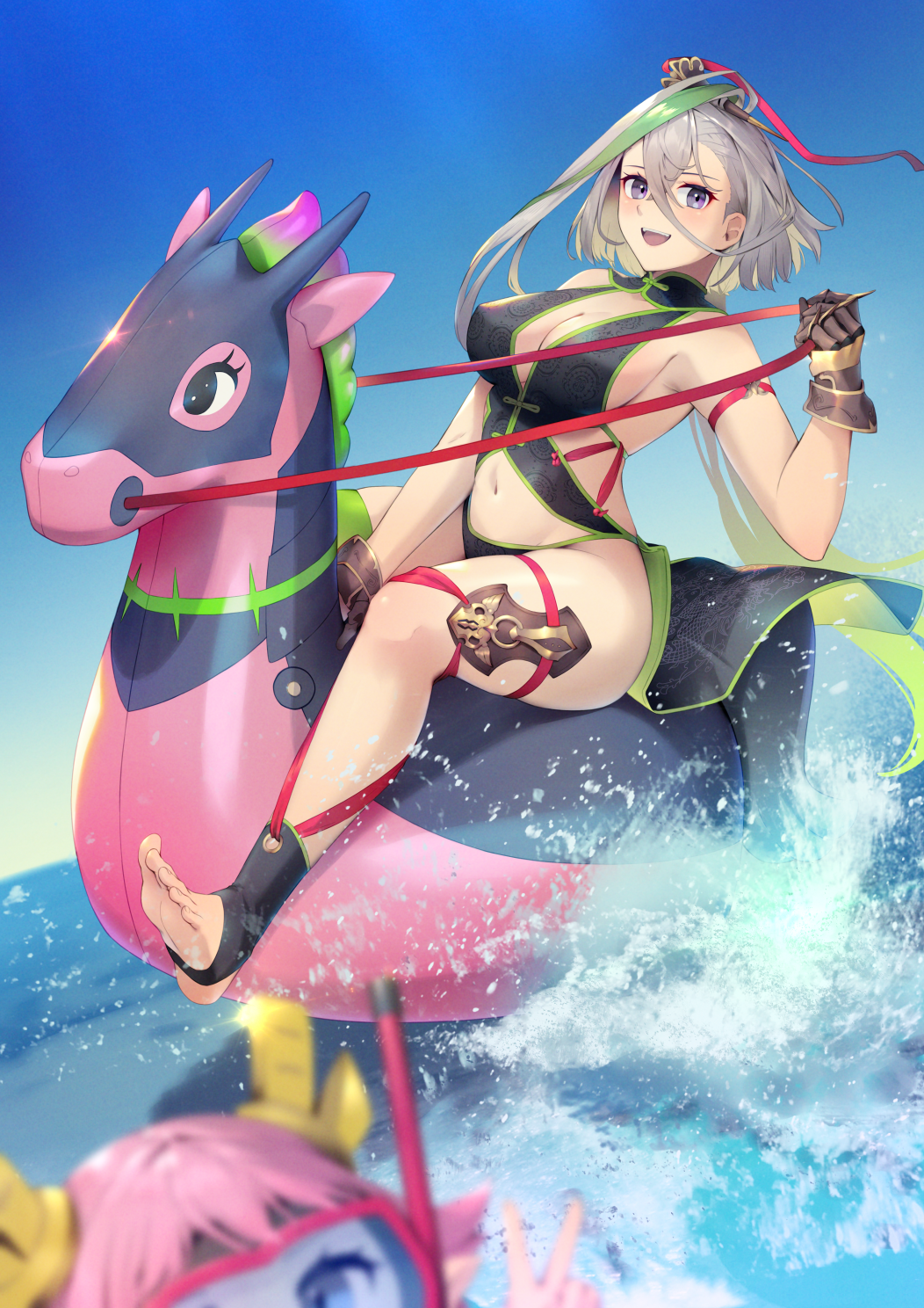 2girls bare_shoulders bikini black_bikini blue_eyes blue_sky blush breasts cleavage diving_mask dragon_girl dragon_horns fate/grand_order fate_(series) gauntlets goggles green_hair green_trim grey_eyes grey_hair hair_between_eyes hair_ornament hairpin highres horns huyan_zhuo_(fate) inflatable_toy eliza_the_nine-tattooed_dragon_(fate) large_breasts long_hair looking_at_viewer multicolored_hair multiple_girls nakaga_eri navel ocean pink_hair pointy_ears sky solo_focus stirrup_legwear streaked_hair swimsuit toeless_legwear