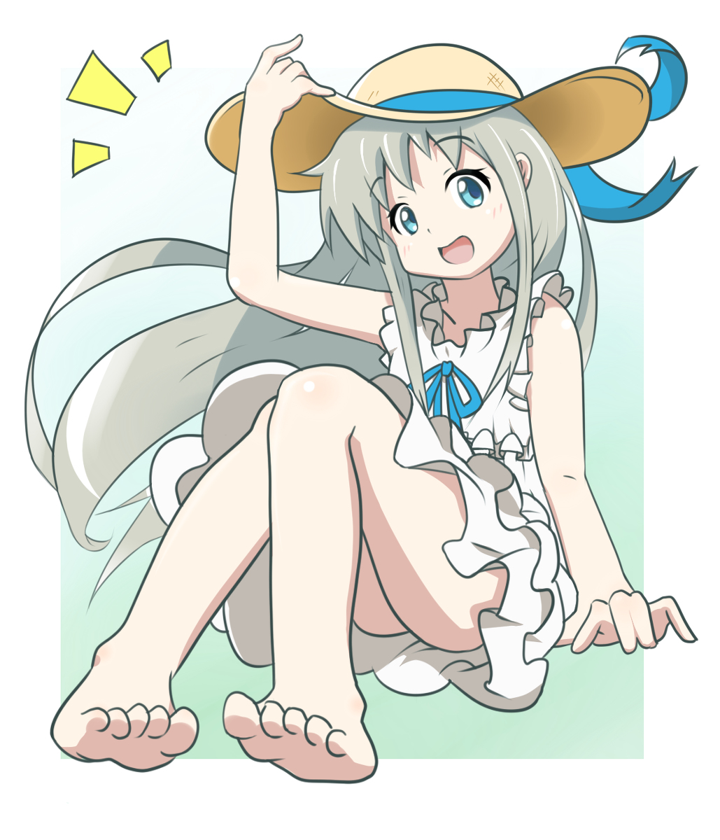 1girl ano_hi_mita_hana_no_namae_wo_bokutachi_wa_mada_shiranai. ass bare_arms bare_shoulders barefoot blue_eyes child collarbone dot_nose dress feet female_focus full_body grey_hair hat honma_meiko legs long_hair looking_at_viewer no_shoes no_socks nori_(noritsugu) open_mouth simple_background sitting solo white_background