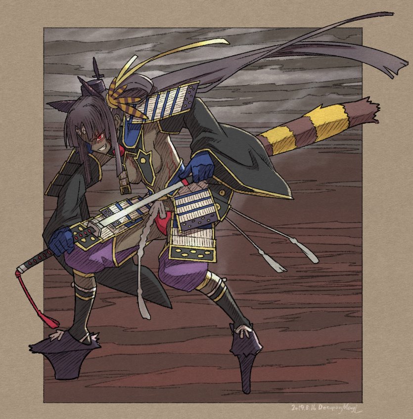 1girl armor black_hair black_socks corruption dark-skinned_female dark_skin decoponmagi detached_sleeves drawing_sword evil_grin evil_smile fate/grand_order fate_(series) female_focus grin holding holding_sword holding_weapon japanese_armor katana kusazuri panties platform_footwear pom_pom_(clothes) red_eyes red_panties revealing_clothes side_ponytail smile socks solo sword underwear ushiwakamaru_(corrupted)_(fate) ushiwakamaru_(fate) weapon