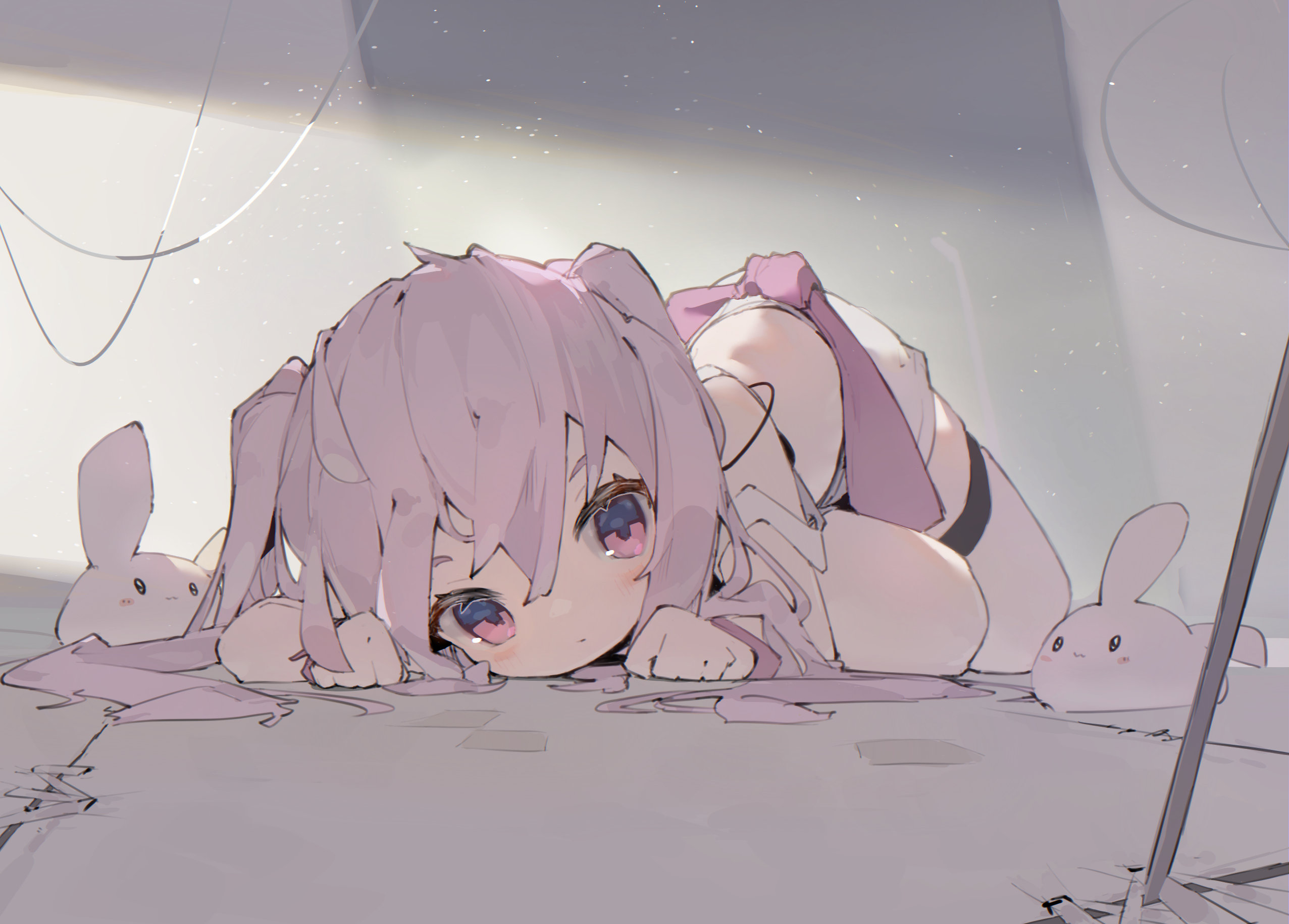 1girl closed_mouth dot_mouth hair_between_eyes highres light_blush long_hair looking_at_viewer lying midriff nep_(nep_76) original pink_eyes pink_hair skirt solo stuffed_animal stuffed_rabbit stuffed_toy thighhighs two_side_up white_skirt white_thighhighs