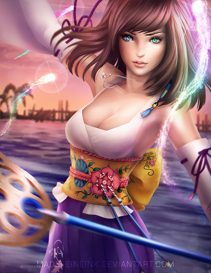 00s 1girl arm_up armpits artist_name bare_shoulders blue_eyes blue_skirt breasts bridge brown_hair cleavage collarbone cowboy_shot detached_sleeves evening female_focus final_fantasy final_fantasy_x floating ghost glint green_eyes hair_ornament hakama hakama_skirt heterochromia hitodama holding holding_staff japanese_clothes jewelry large_breasts light_smile lips long_hair looking_at_viewer madeleine_bellwoar necklace outdoors palm_tree parted_lips pendant plant pleated_skirt purple_ribbon ribbon rod sash short_hair skirt solo staff sunset tassel teeth tree water watermark web_address wide_sleeves yuna yuna_(ff10)