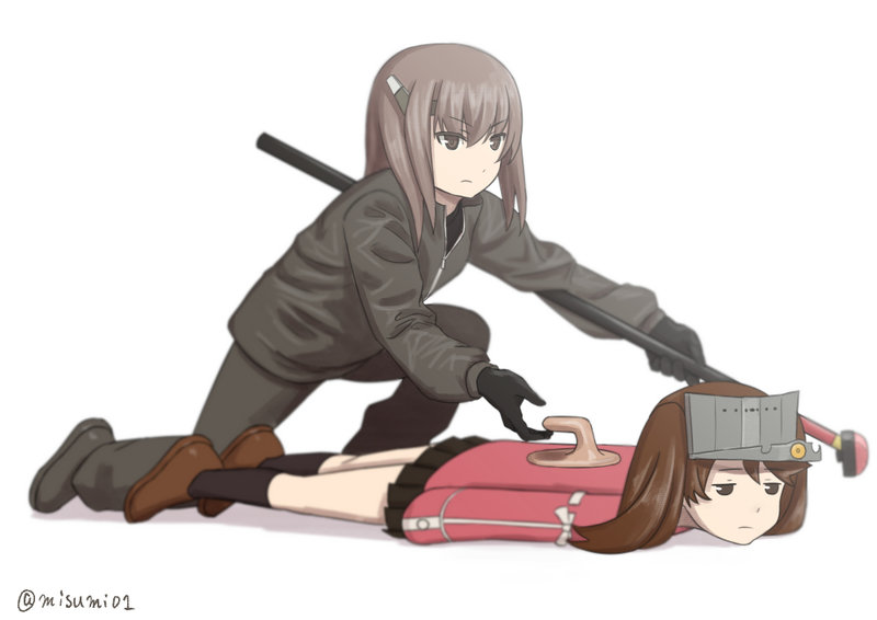 10s 2girls alternate_costume black_gloves brown_eyes brown_hair commentary curling empty_eyes gloves jitome kantai_collection misumi_(niku-kyu) multiple_girls ryuujou_(kancolle) taihou_(kancolle)