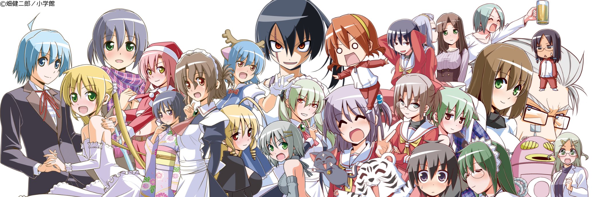 2boys 6+girls ahoge apron ayasaki_hayate back-to-back bare_back bare_shoulders blonde_hair blue_eyes blue_hair blush breasts brown_hair cat cover dress drill_hair folded_ponytail glasses green_eyes hayate_no_gotoku! highres interlocked_fingers japanese_clothes katsura_hinagiku kimono large_breasts long_hair looking_back maid_apron maid_headdress maria_(hayate_no_gotoku!) multiple_boys multiple_girls nishizawa_ayumu official_art pink_hair purple_hair red_eyes sanzen'in_nagi sanzen'in_yukariko school_uniform segawa_izumi short_hair smile suirenji_ruka tennousu_athena twintails yellow_eyes