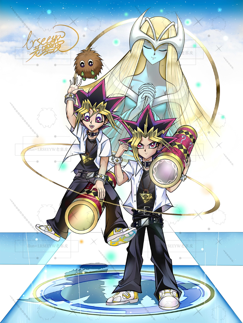1girl 2boys bare_shoulders black_hair black_shirt blonde_hair blue_dress blue_skin bracelet breasts cleavage colored_skin dress duel_monster full_body group_picture jewelry kuriboh lrseeywpipi medium_hair millennium_puzzle multicolored_hair multiple_boys muto_yugi mystical_elf open_clothes open_shirt pendant purple_eyes purple_hair shirt signature spiked_hair star_(symbol) white_shirt yami_yugi yu-gi-oh! yu-gi-oh!_duel_monsters