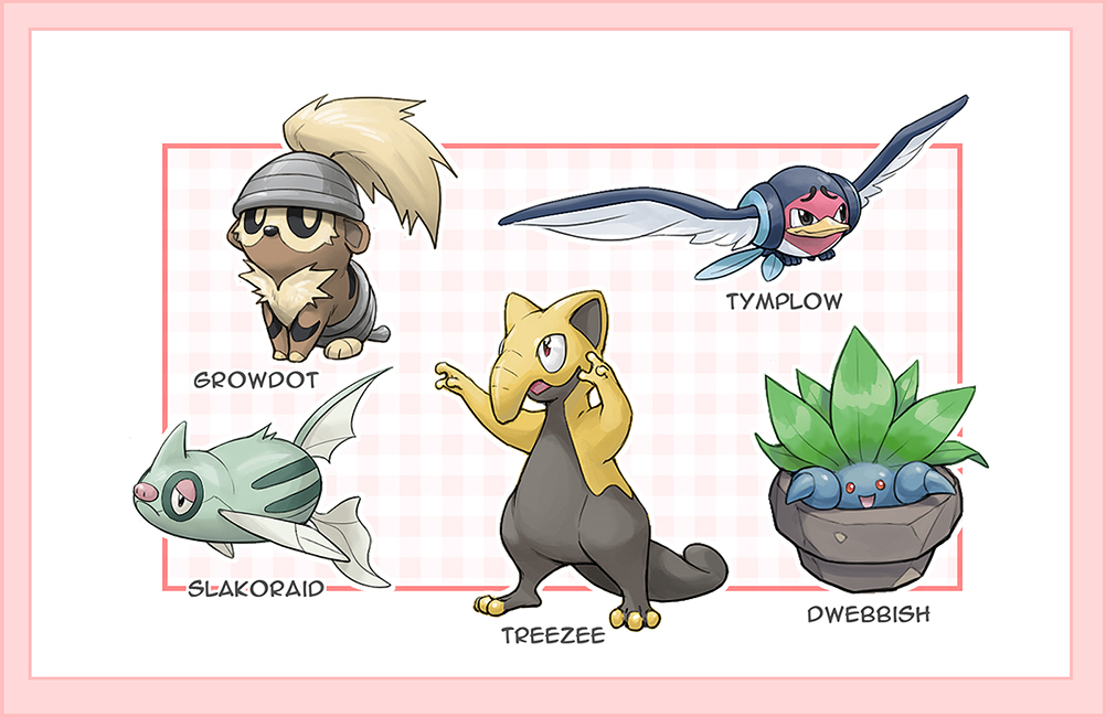 :d black_eyes border character_name closed_mouth commentary drowzee dwebble framed frown fusion gen_1_pokemon gen_2_pokemon gen_3_pokemon gen_5_pokemon growlithe kazuko_(towa) looking_up nintendo no_humans oddish open_mouth outline pink_border pokemon pokemon_(creature) red_eyes remoraid seedot slakoth smile taillow treecko tympole