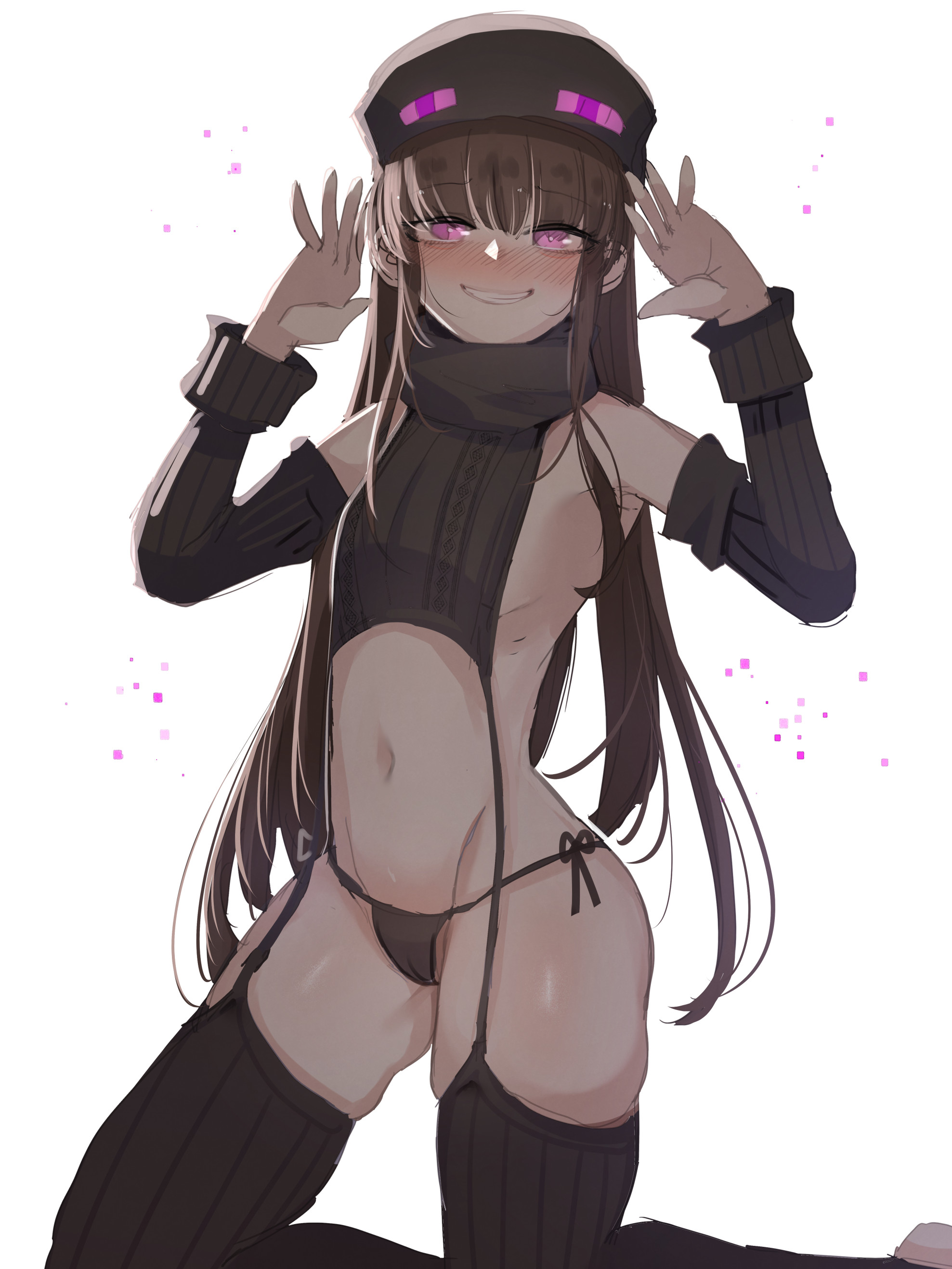 1girl absurdres ander_(at2.) at2. black_thighhighs blush brown_hair detached_sleeves enderman hat highres humanization kneeling long_hair long_sleeves looking_at_viewer meme_attire minecraft mob_talker navel nose_blush purple_eyes simple_background smile solo thighhighs virgin_destroyer_sweater white_background