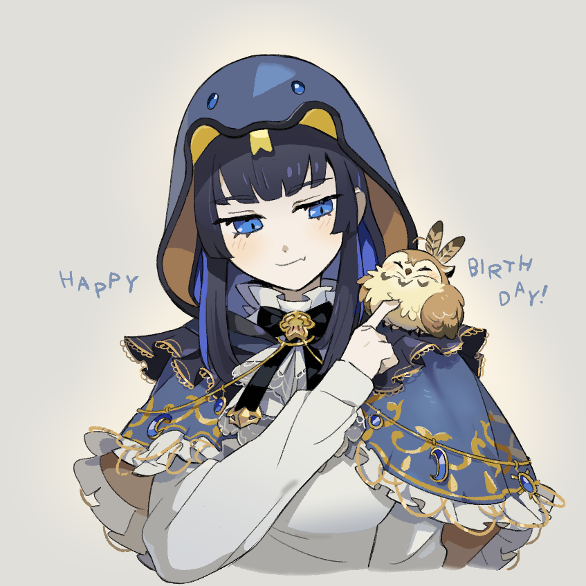 1girl black_hair blue_capelet blue_eyes blue_hair blunt_bangs capelet colored_inner_hair fang grey_background guoo happy_birthday hime_cut hololive hololive_english long_hair multicolored_hair nanashi_mumei nanashi_mumei_(owl) on_shoulder ouro_kronii ouro_kronii_(casual) ribbon scratching shirt skin_fang snake_hood virtual_youtuber white_shirt
