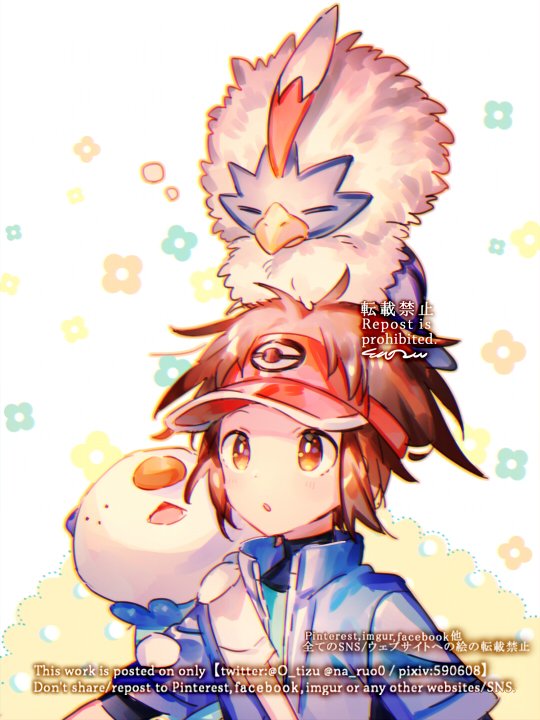 1boy :o bird blush brown_eyes brown_hair commentary_request gen_5_pokemon jacket naru_(andante) nate_(pokemon) nintendo on_head oshawott pokemon pokemon_(creature) pokemon_bw2 pokemon_on_head red_headwear rufflet short_sleeves visor_cap