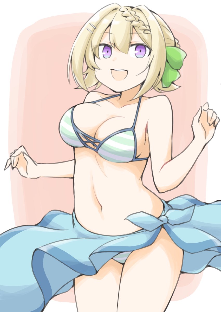 1girl akara_kai bikini blonde_hair blue_sarong braid braided_bangs braided_bun breasts cleavage clothes_lift green_bikini hair_bun hair_ornament highres kantai_collection long_hair looking_at_viewer medium_breasts navel official_alternate_costume perth_(kancolle) perth_(swimsuit)_(kancolle) pink_background purple_eyes sarong sarong_lift shirt smile striped_bikini striped_clothes swimsuit white_background