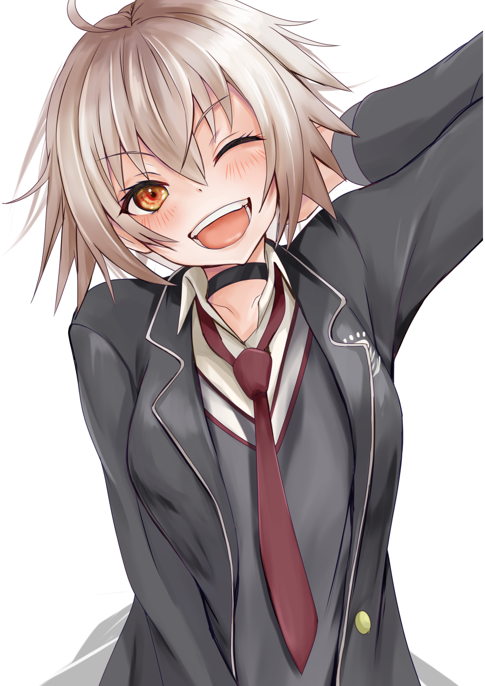 1girl ahoge black_choker blush breasts choker commentary_request fate/grand_order fate_(series) grey_hair highres jacket jeanne_d&#039;arc_alter_(avenger)_(fate) jeanne_d&#039;arc_alter_(fate) large_breasts necktie official_alternate_costume one_eye_closed open_clothes open_jacket open_mouth school_uniform short_hair smile solo yellow_eyes yuusaku_(nekorakuda)