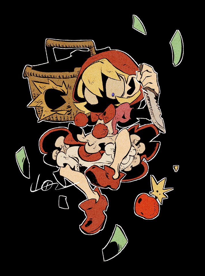 1girl arm_up b.b._hood basket black_background blonde_hair bloomers blue_eyes bomb commentary constricted_pupils darkstalkers dress explosive full_body hair_between_eyes holding holding_knife holding_weapon hood hood_up jacket knife lit_fuse looking_down picnic_basket red_dress red_footwear red_hood red_jacket shaded_face signature simple_background solo underwear weapon yamada9000