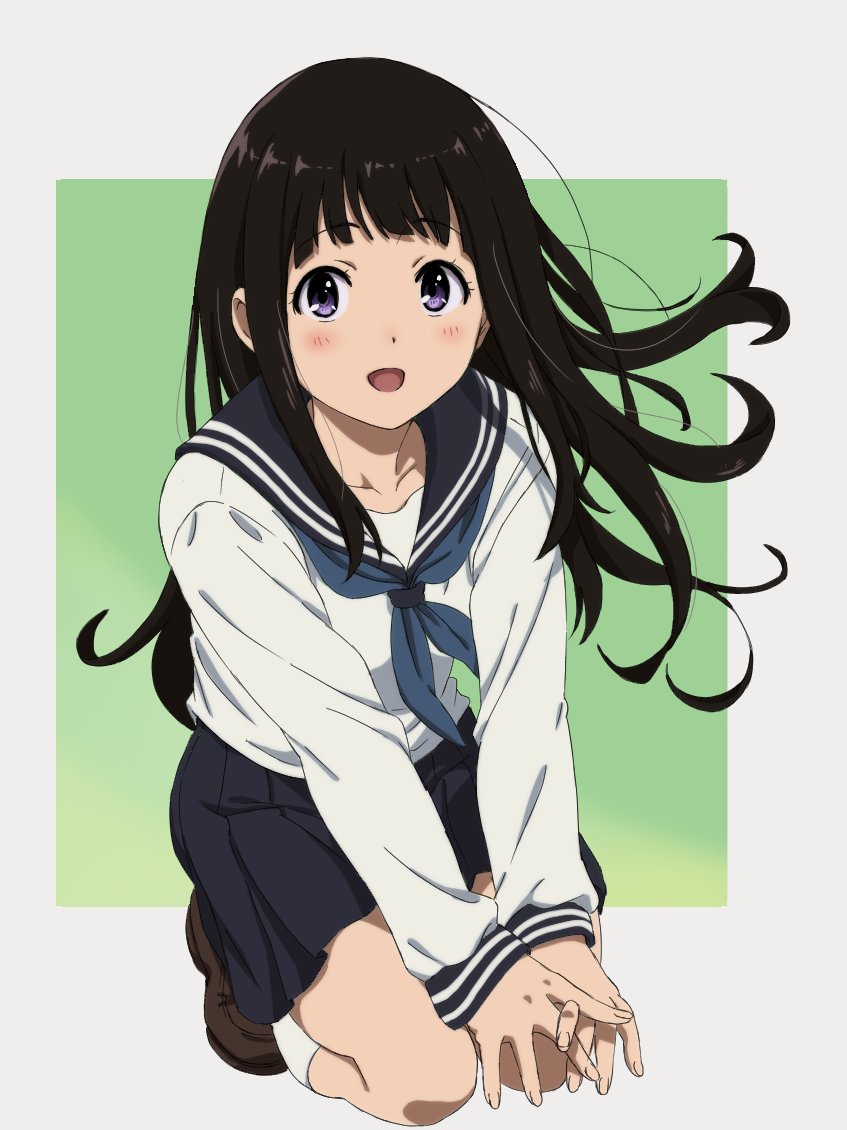 1girl atsumi_tomoya black_hair chitanda_eru hyouka kamiyama_high_school_uniform_(hyouka) kneeling own_hands_together purple_eyes school_uniform smile