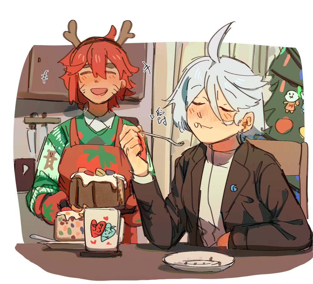 2girls ahoge antlers christmas christmas_sweater christmas_tree cool_(gundam_suisei_no_majo) dark-skinned_female dark_skin eating fake_antlers female_focus food food_on_face fruitcake grey_hair gundam gundam_suisei_no_majo hairband happy horns hots_(gundam_suisei_no_majo) mao^2 miorine_rembran multiple_girls plate red_hair reindeer_antlers scar smile suletta_mercury sweater wife_and_wife yuri