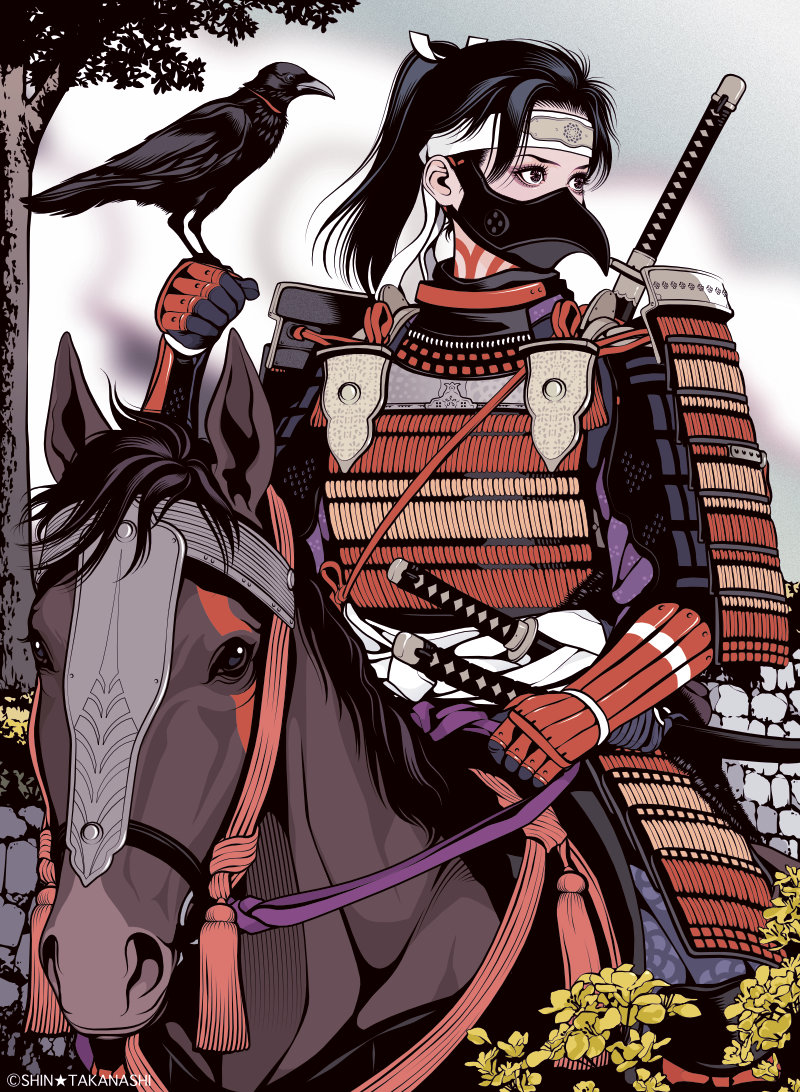 1girl armor artist_name bird bird_on_hand black_hair blurry blurry_background commentary_request crow eyeshadow forehead_protector hair_ribbon horse horseback_riding japanese_armor katana limited_palette looking_to_the_side makeup mask medium_hair mouth_mask neck_tattoo original pink_eyes pink_eyeshadow ponytail red_armor ribbon riding samurai sash sidelocks solo spot_color sword takanashi_shin tattoo upper_body weapon white_ribbon white_sash