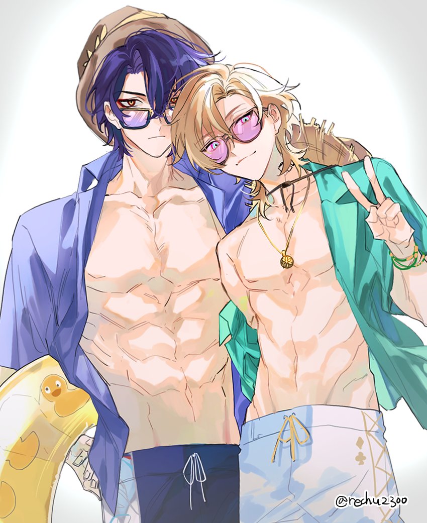 2boys abs aqua_shirt artist_name aventurine_(honkai:_star_rail) black_shorts blonde_hair blue_eyes blue_shirt bracelet brown_hat closed_mouth club_(shape) collarbone collared_shirt commentary cowboy_shot crossed_bangs diamond_(shape) dr._ratio_(honkai:_star_rail) duck_innertube eyeliner frown hair_between_eyes hand_up hat hat_on_back holding holding_swim_ring honkai:_star_rail honkai_(series) innertube jewelry looking_at_viewer makeup male_focus male_swimwear multicolored_eyes multiple_boys navel neck_tattoo necklace open_clothes open_shirt parted_bangs pectorals purple-tinted_eyewear purple_eyes purple_hair rechu2300 red_eyeliner red_eyes shirt short_hair short_sleeves shorts simple_background smile standing stomach straw_hat sunglasses swim_ring swim_trunks symbol-only_commentary tattoo tinted_eyewear twitter_username v white_background white_shorts yellow_eyes yellow_innertube