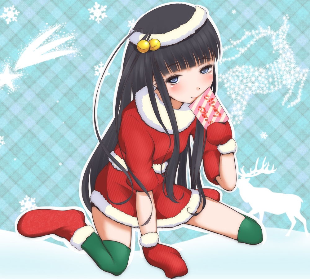1girl bell black_hair blue_background blue_eyes blush boots christmas closed_mouth commentary_request deer dot_nose dress full_body fur-trimmed_boots fur-trimmed_dress fur-trimmed_gloves fur_trim gloves green_thighhighs hair_bell hair_ornament hime_cut himegami_aisa long_hair looking_at_viewer merry_christmas red_boots red_dress red_gloves santa_boots santa_costume santa_dress shin_(highest1192) short_sleeves sidelocks sitting smile snowflakes solo star_(symbol) thighhighs thighs toaru_majutsu_no_index toaru_majutsu_no_index:_old_testament very_long_hair wariza
