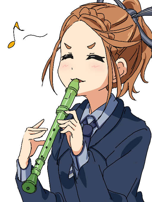 1girl 22/7 ^_^ black_ribbon blue_dress blue_necktie blue_shirt boku_ga_motteru_mono_nara braid brown_hair closed_eyes collared_shirt crown_braid dress eighth_note flute hair_ribbon high_ponytail holding holding_flute holding_instrument igashiko instrument kono_miyako long_sleeves music musical_note necktie playing_instrument ponytail recorder ribbon shirt simple_background single_braid solo three_quarter_view upper_body white_background