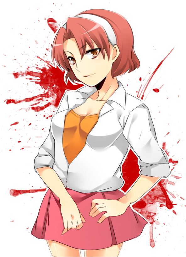 1girl blood blush breasts cleavage collarbone collared_shirt female_focus hairband headband light_smile lips looking_at_viewer medium_breasts mi_(liki1020) misao outline pink_hair pink_skirt shadow shiny_skin shirt short_hair simple_background skirt solo white_background white_outline yellow_eyes yoshino_(misao)