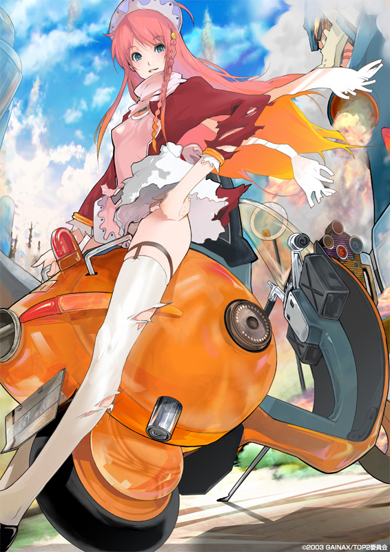 00s 1girl clothes_lift female_focus gainaxtop maeda_hirotaka motor_vehicle nono_(top_wo_nerae_2!) scarf scooter skirt skirt_lift solo thighhighs top_wo_nerae!_(series) top_wo_nerae_2! torn_clothes upskirt vehicle wind wind_lift