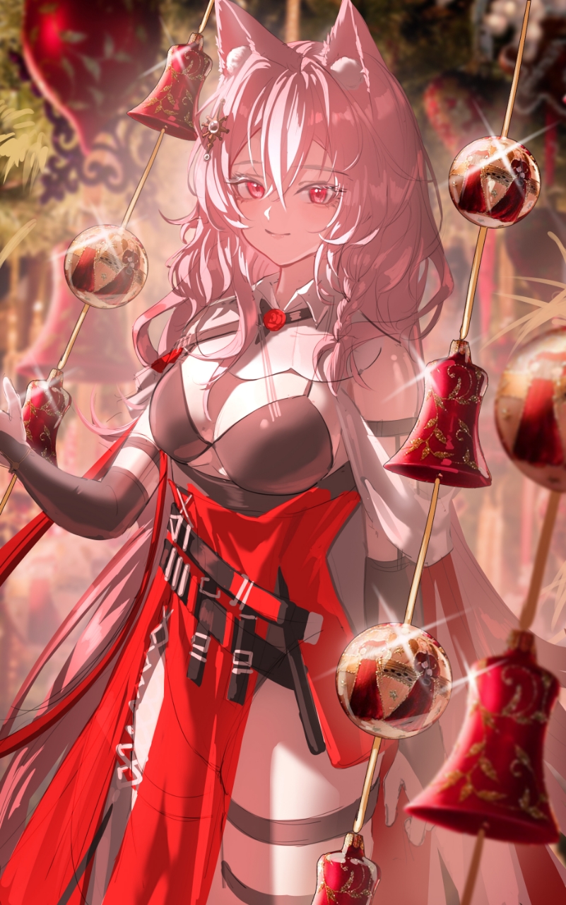1girl animal_ear_fluff animal_ears arknights bell breasts closed_mouth commentary cowboy_shot crossed_bangs english_commentary glint hair_between_eyes highres large_breasts long_hair looking_at_viewer mixed-language_commentary pink_hair pozyomka_(arknights) red_eyes shale smile solo standing thigh_strap very_long_hair