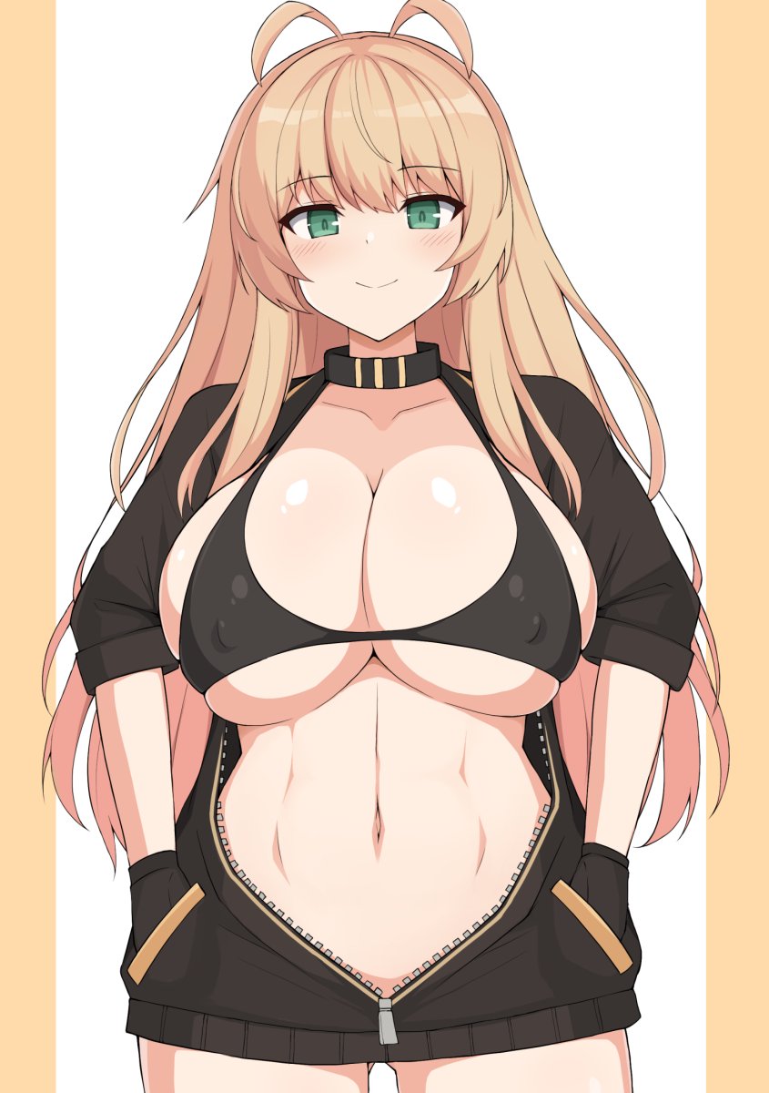 1girl antenna_hair azur_lane bikini black_bikini black_gloves blonde_hair breasts cleavage collarbone commission covered_erect_nipples cowboy_shot gloves green_eyes hands_in_pockets highres hood hoodie large_breasts long_hair looking_at_viewer midriff navel open_clothes open_hoodie partially_unzipped simple_background skeb_commission smile solo stomach swimsuit toyo_(c8) wasp_(azur_lane) zipper