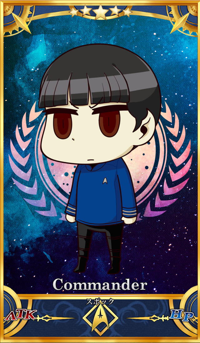 1boy alien black_hair border bowl_cut brown_eyes card_(medium) chibi commentary_request fate/grand_order fate_(series) pointy_ears riyo_(lyomsnpmp)_(style) saiga_yatanokarasu shirt solo space spock star_trek star_trek:_kelvin_timeline star_trek:_the_original_series starfleet_uniform vulcan