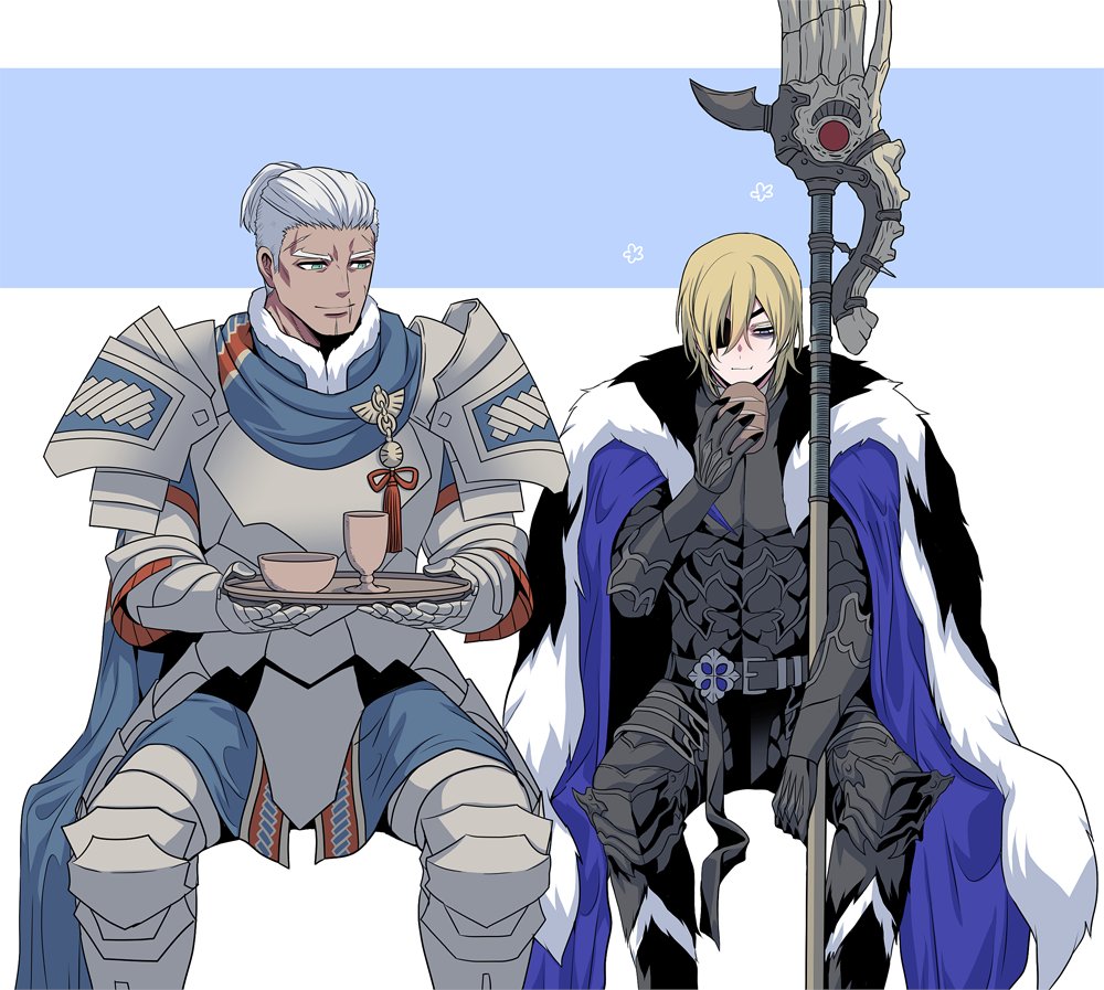 2boys areadbhar_(fire_emblem) arm_up armor armored_gloves armored_legwear arms_up belt belt_buckle black_armor black_belt black_fur blonde_hair blue_cape blue_eyes blue_scarf boots bowl bread breastplate buckle cape chalice chewing closed_mouth commentary cup dark-skinned_male dark_skin dedue_molinaro dedue_molinaro_(timeskip) dimitri_alexandre_blaiddyd dimitri_alexandre_blaiddyd_(timeskip) eyepatch faulds feet_out_of_frame fire_emblem fire_emblem:_three_houses food fur-trimmed_boots fur-trimmed_cape fur_trim greaves hair_between_eyes holding holding_food holding_plate holding_polearm holding_weapon looking_at_another looking_down male_focus megubiru multiple_boys multiple_scars nintendo one_eye_covered ornate_weapon parted_bangs patterned_clothing pauldrons plate polearm ponytail scar scar_across_eye scar_on_face scar_on_forehead scar_on_mouth scarf short_ponytail shoulder_armor side-by-side sitting symbol-only_commentary weapon white_fur white_hair