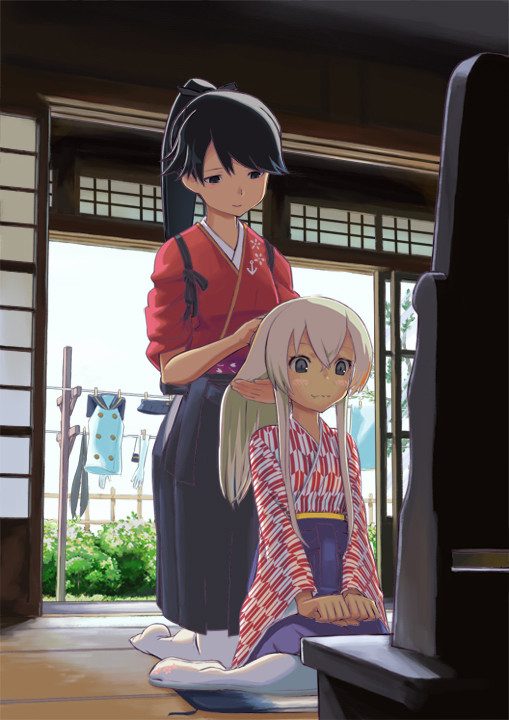 0_0 10s 6+girls :3 akagi_(kancolle) alternate_costume alternate_hairstyle animated animated_png arrow_print blush_stickers brown_eyes brown_hair brushing_hair brushing_hair comic commentary elbow_gloves gloves unworn_gloves hiryuu_(kancolle) houshou_(kancolle) japanese_clothes kaga_(kancolle) kakuchoshi kantai_collection long_hair md5_mismatch multiple_girls pantyhose pleated_skirt ponytail shimakaze_(kancolle) short_hair skirt souryuu_(kancolle) tasuki thighhighs translated ugoira yagasuri
