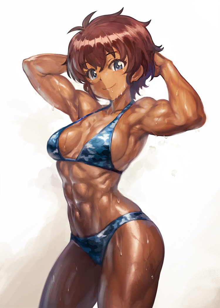 1girl abs armpits arms_behind_head bikini blue_bikini blue_eyes breasts brown_hair camouflage camouflage_bikini closed_mouth commentary cowboy_shot dark_skin girls_und_panzer halterneck looking_at_viewer muscular muscular_female navel short_hair smile solo standing steam suzuki_(girls_und_panzer) sweat swimsuit white_background yilx