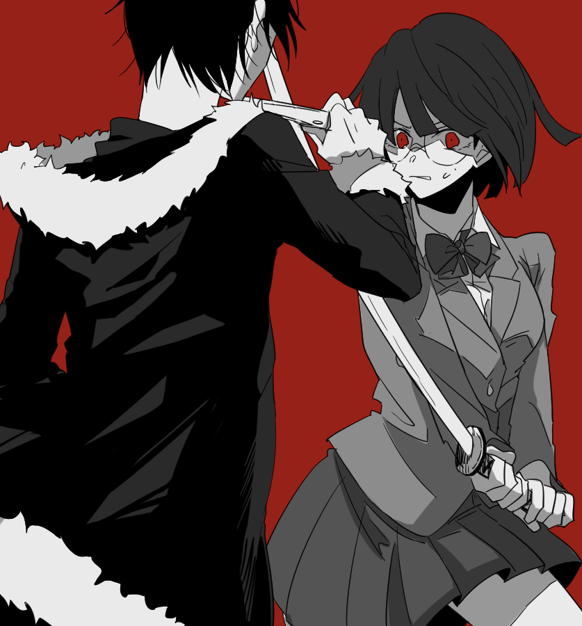 1boy 1girl angry black_hair bob_cut bow bowtie breasts choppy_bangs collared_shirt commentary_request durarara!! fighting fur-trimmed_jacket fur-trimmed_sleeves fur_trim glasses greyscale_with_colored_background holding holding_knife holding_sword holding_weapon hood hood_down jacket katana knife kzs_2222_ai orihara_izaya partial_commentary pleated_skirt raira_academy_school_uniform red_background red_eyes round_eyewear school_uniform shirt short_hair skirt sonohara_anri spot_color sweatdrop sword weapon
