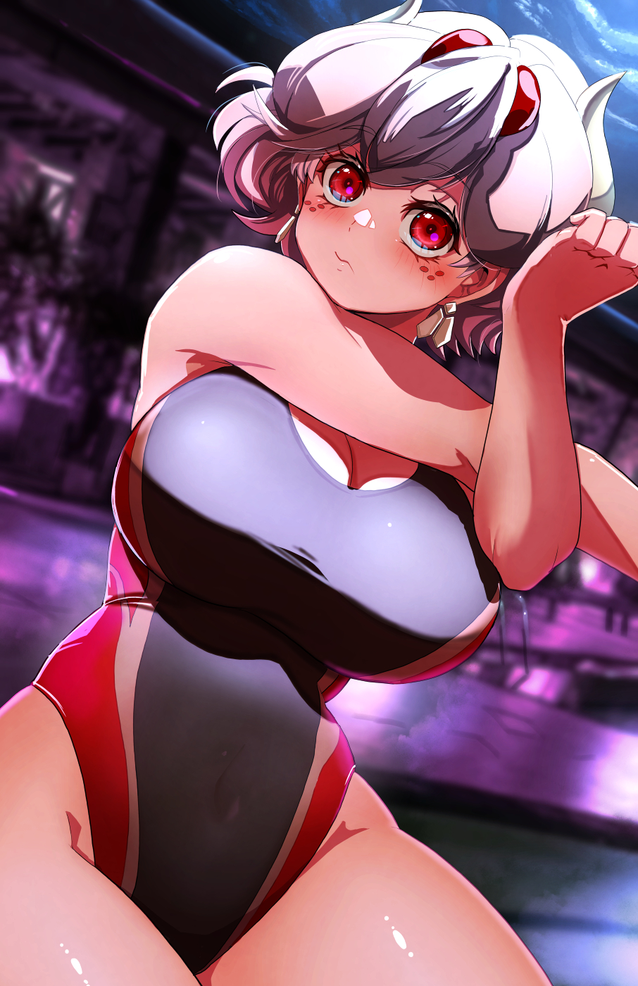 1girl beelzebub_(helltaker) breasts cleavage competition_swimsuit curvy demon demon_girl demon_horns freckles fujioka_yatsufusa helltaker highres horns large_breasts looking_at_viewer one-piece_swimsuit red_eyes solo stretching swimsuit thick_thighs thighs white_hair white_horns