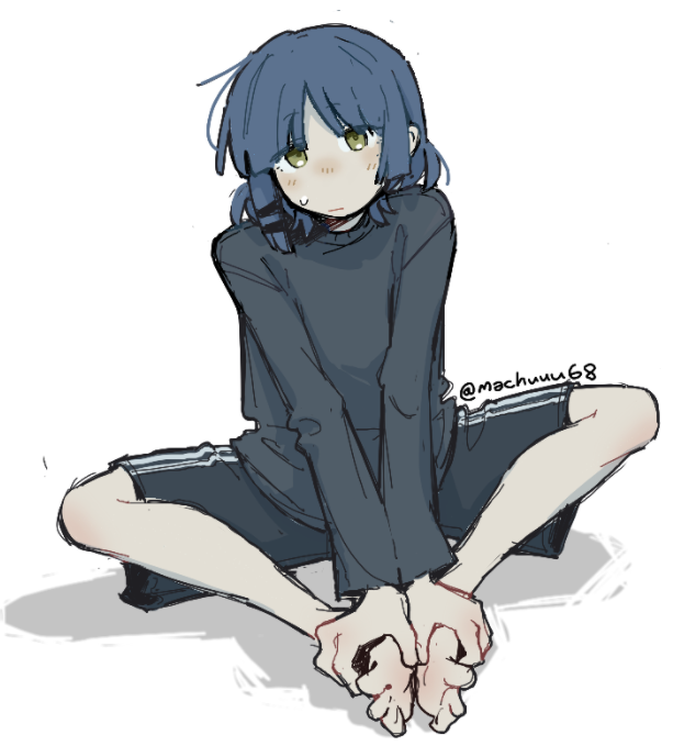 1girl black_shirt black_shorts blue_hair bocchi_the_rock! hair_ornament hairclip looking_at_viewer machuuu68 medium_hair mole mole_under_eye no_shoes on_ground shirt shorts sitting sweatdrop yamada_ryo yellow_eyes
