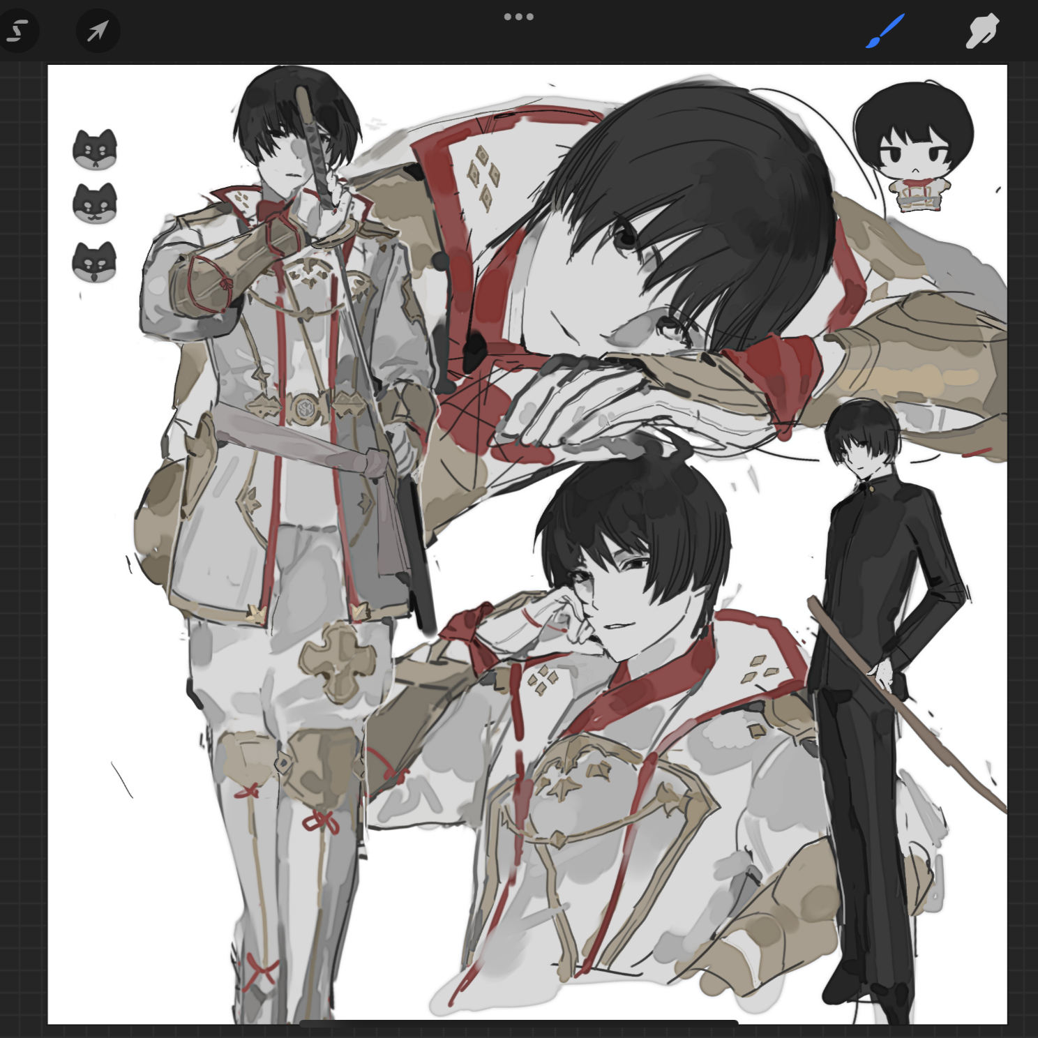 1boy arm_guards armor art_program_in_frame asahi_sas_brutus black_eyes black_hair blunt_bangs chibi chibi_inset final_fantasy final_fantasy_xiv hand_on_own_face highres hyur japanese_armor japanese_clothes jidappeng katana looking_at_viewer sash shiba_inu short_hair simple_background sword weapon