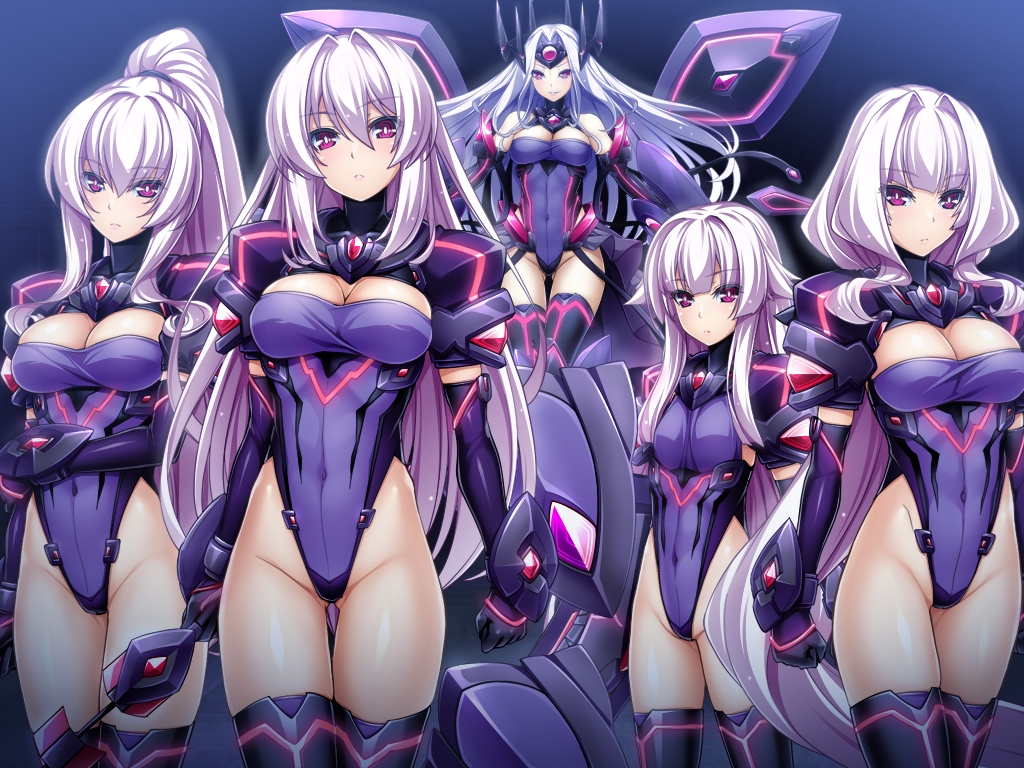 5girls ahoge amakubo_yuri armor azarin_(exs-tia) bare_shoulders black_gloves breasts cleavage cleavage_cutout closed_mouth clothing_cutout covered_navel cowboy_shot elbow_gloves expressionless exs-slave exs-slave_alpha exs-slave_beta exs-slave_delta exs-slave_gamma floating floating_object floating_weapon game_cg gloves gluteal_fold groin hair_intakes high_ponytail highleg highleg_leotard inoino katsuragi_marina kouyoku_senki_exs-tia large_breasts leotard long_hair looking_at_viewer mechanical_wings multiple_girls non-web_source official_art ponytail purple_eyes purple_leotard red_eyes rieszverne_suzette_paladill shoulder_armor sidelocks standing thigh_gap thighhighs variant_set very_long_hair weapon whip_sword white_hair wings