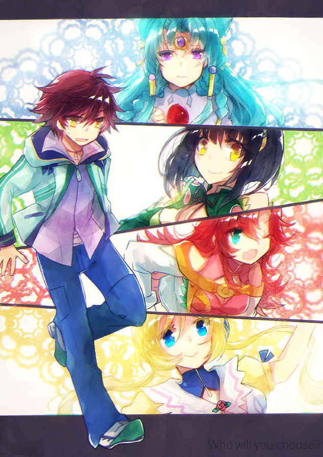 1boy 4girls aqua_eyes aqua_hair bad_id bad_pixiv_id black_hair blonde_hair blue_eyes english_text festenia_muse katia_grineal melua_melna_meia miduki66 multiple_girls nunuko_(mu661129) purple_eyes purple_hair red_hair shana-mia_eterna_fura super_robot_wars super_robot_wars_judgement touya_shiun yellow_eyes