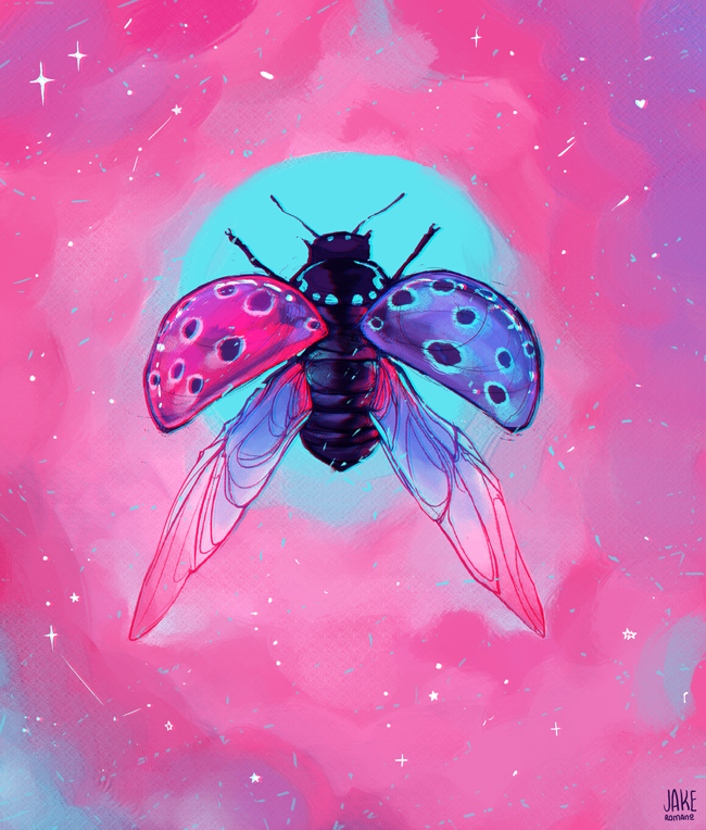 above_clouds animal animal_focus beetle blue_moon bug cloud cloudy_sky colored_skin colorful commentary english_commentary full_body full_moon heart insect jake_romano ladybug light_particles moon neon_palette no_humans original pink_background pink_clouds pink_skin pink_sky pink_theme purple_skin sky sparkle star_(sky) star_(symbol) wings