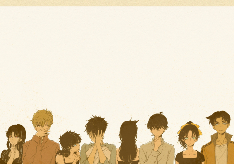 4boys 4girls back bad_id bad_pixiv_id black_hair blonde_hair blouse brown_shirt closed_eyes collared_shirt covered_face covered_mouth covering_own_mouth dolldagga frown hakuba_saguru hand_on_own_chin hand_over_own_mouth hattori_heiji high_ponytail koizumi_akako kudou_shin&#039;ichi kuroba_kaito long_hair magic_kaito meitantei_conan mouri_ran multiple_boys multiple_girls nakamori_aoko one_eye_closed ponytail shirt short_hair simple_background stroking_own_chin tooyama_kazuha white_shirt wink