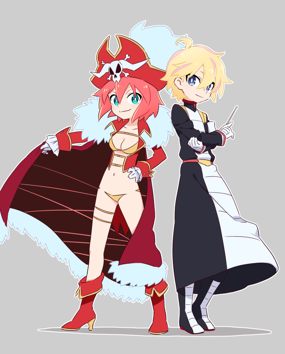 1boy 1girl alpha_omega_nova aqua_eyes back-to-back blackholian blackholian_(cosplay) blonde_hair blue_eyes boots bright_pupils cape cosplay full_body fur_trim grey_background hand_on_own_hip hat highres lalaco_godspeed lalaco_godspeed_(cosplay) life_fiber looking_at_viewer luluco mt.somo multicolored_hair navel pirate pirate_hat red_footwear red_hair revealing_clothes short_hair simple_background skull_and_crossbones smile spoilers streaked_hair thigh_strap trigger-chan uchuu_patrol_luluco uniform