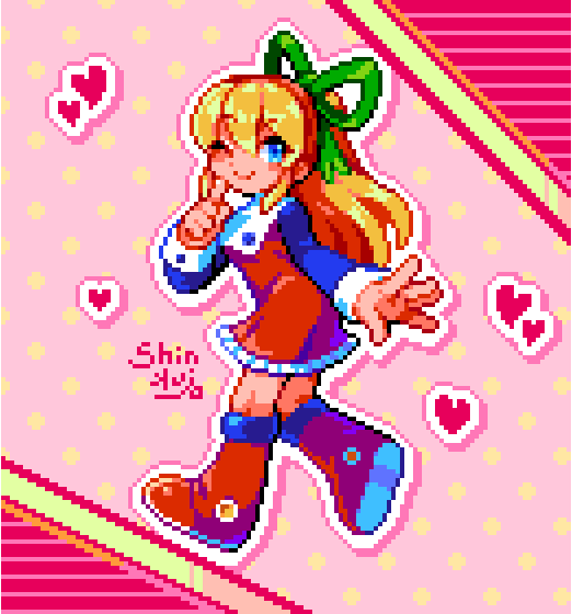 1girl blonde_hair blue_eyes blue_sleeves boots bow commentary_request dress finger_to_cheek full_body green_bow hair_bow heart long_hair looking_at_viewer looking_back mega_man_(series) one_eye_closed pink_background pixel_art ponytail red_boots red_dress roll_(mega_man) shinku_castle smile solo white_trim