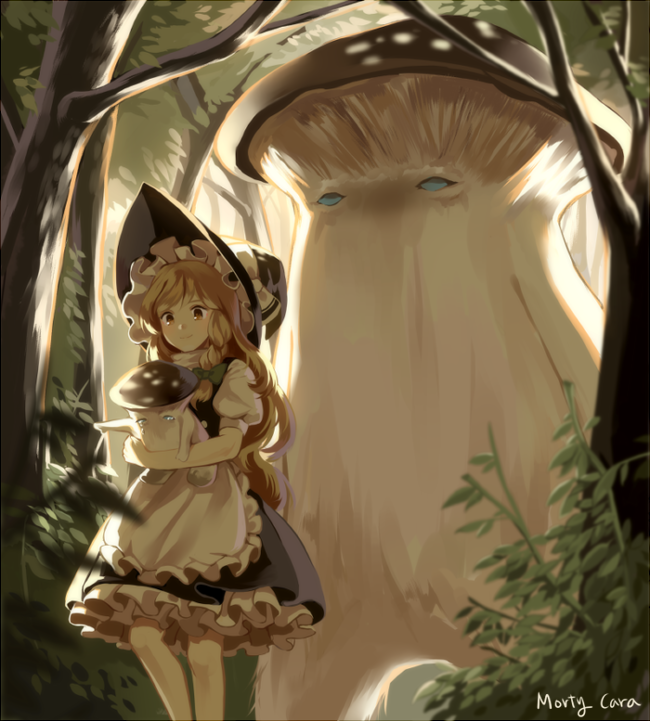 1girl apron backlighting black_dress black_hat blank_eyes blonde_hair blue_eyes blue_sclera blurry bow braid brown_eyes carrying closed_mouth colored_sclera creature crossover dark_souls_(series) dark_souls_i dark_souls_ii depth_of_field dress forest frilled_apron frilled_dress frills green_bow hair_bow hat hat_bow kirisame_marisa long_hair mushroom mushroom_child mushroom_parent nature petticoat plant pointing puffy_short_sleeves puffy_sleeves shade shirt short_sleeves silence_girl single_braid smile touhou tree turtleneck waist_apron walking white_apron white_bow white_shirt witch_hat