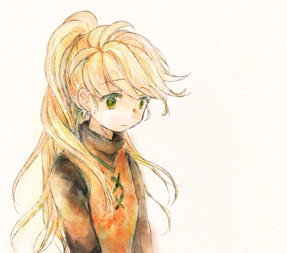 1girl blonde_hair female_focus long_hair nintendo pokemon pokemon_adventures ponytail simple_background solo tachiuo_(arines) yellow_(pokemon) yellow_eyes