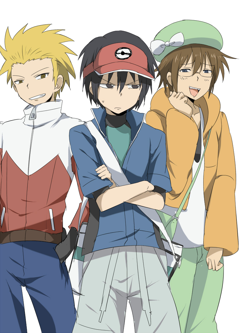3boys angry bad_id bad_pixiv_id bianca_(pokemon) bianca_(pokemon)_(cosplay) black_hair blonde_hair brown_eyes brown_hair cosplay crossdressing crossed_arms danshi_koukousei_no_nichijou glasses grin hugh_(pokemon) hugh_(pokemon)_(cosplay) irino_miyu jacket male_focus maruki_(punchiki) multiple_boys nate_(pokemon) nate_(pokemon)_(cosplay) nintendo open_mouth pokemon pokemon_bw2 raglan_sleeves short_hair smile sweatdrop tabata_hidenori tadakuni tanaka_yoshitake visor_cap voice_actor_connection